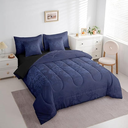 Erosebridal Gothic Damask Bed in a Bag King Size Comforter Set 7 Pieces,Exotic Moth Bedding Sets Azure Blue Victorian Floral Goth Sheet Set with Comforter
