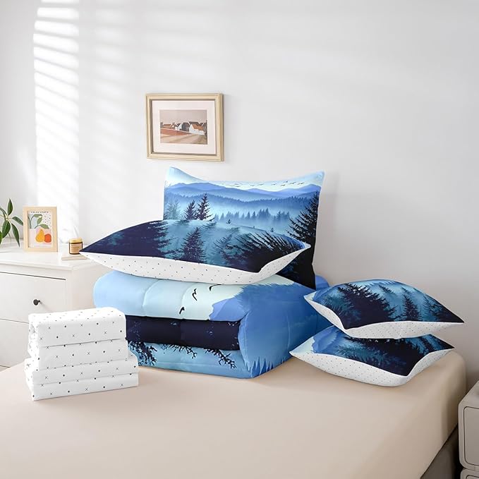 Erosebridal Dark Blue Twin Comforter Set with Sheets Mountain Pine Tree Forest Bedding Sets 7 Piece Rustic Woodland Nature Landscape Bed in A Bag for Kids Boys Teen Men,Soft Lightweight Bed Set