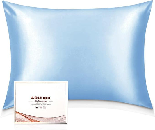 Adubor 100% Mulberry Silk Pillowcase for Hair and Skin with Hidden Zipper, Both Side 22 Momme Silk, 900 Thread Count (20x26inch, Standard Size, Sky Blue, 1pc)