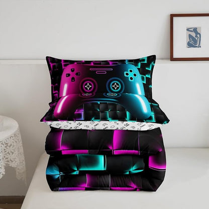 Erosebridal Gamer Bedding Sets for Boys,King Size Comforter Sets for Boys Girls Kids 3D Gaming Geometric Comforter,Game Console Lightweight Microfiber Duvet Quilt,Neon Purple Teal Black Glowing