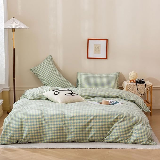 EAVD Blue Yellow Gingham Comforter Set King Soft Mini Grid Plaid Checkered Pattern Bedding Set with 2 Pillowcases Modern Farmhouse Gingham Plaid Comforter Set for All-Season
