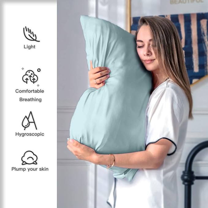 Suatien Mulberry Silk Pillowcase for Hair and Skin Silk Pillow Cases with Hidden Zipper Soft Smooth Cooling Silk Satin Pillow Cases for Sleeping Haze Blue-2 Pack Standard（20"X 26"）