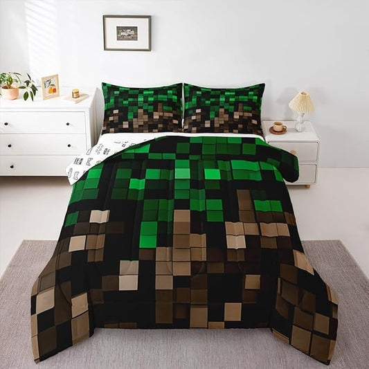 Miners Pixel Checked Kids Bedding Set King Size,Video Games Check Lattice Comforter Set,Game Cartoon Gamepad Quilt Comforter,Green Brown Bedroom Duvet Insert,2 Pillowcases