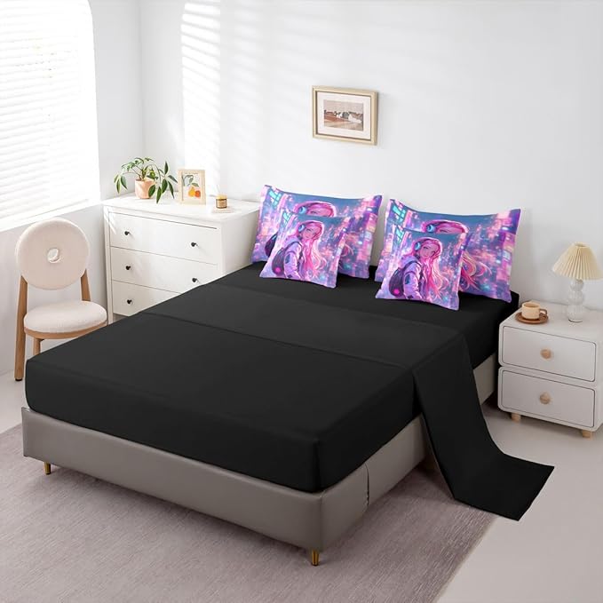 Erosebridal Anime Girl Queen Comforter Set 7 Piece Japanese Style 3D Anime Bedding Set for Kids Girls Boys Room Decor,Sci Fi Style Gaming Bed in A Bag Hot Pink Colorful Bed Bed Set
