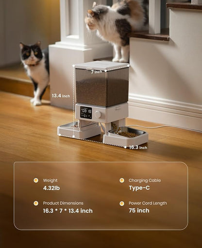 oneisall Automatic Cat Feeder for 2 Cats Pets, Timed Cat Food Dispenser | 20 Cups/5L, Prevent Fighting, Precise Portion, Balanced Dispense, Non-Slip & Stable, Voice Recorder, Stainless Steel Bowls