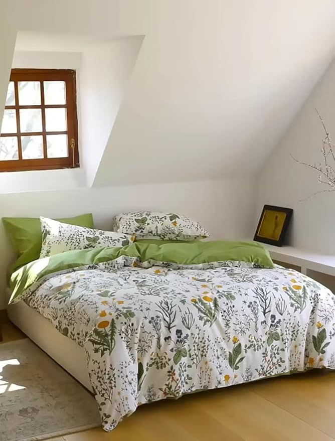 Houseri Green Floral Comforter Set Twin Yellow Green Botanical Bedding Set Twin Size Boho Comforter for Girls Women Boy Men Bohemian Flower Farmhouse Bedding Quilt Twin Size
