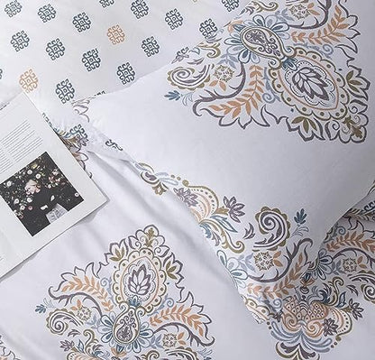 SLEEPBELLA Comforter Twin Size, 600 Thread Count Cotton Yellow & Blue Damask with Taupe Brown Reversible Pattern White Comforter Sets,Down Alternative Bedding Set 2Pcs (Twin, White Damask)