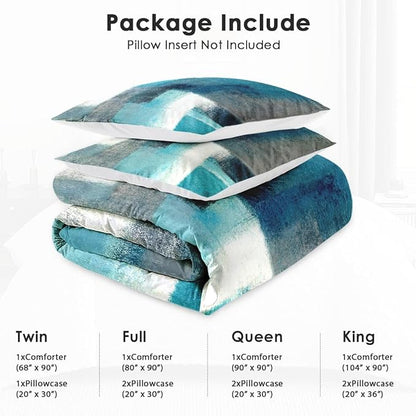 Full Size Comforter Set with 2 Pillowcases, Painting Contemporary Teal Turquoise Grey Soft 3 Pcs Bedding for Kids and Adults Bedroom Bed Decor