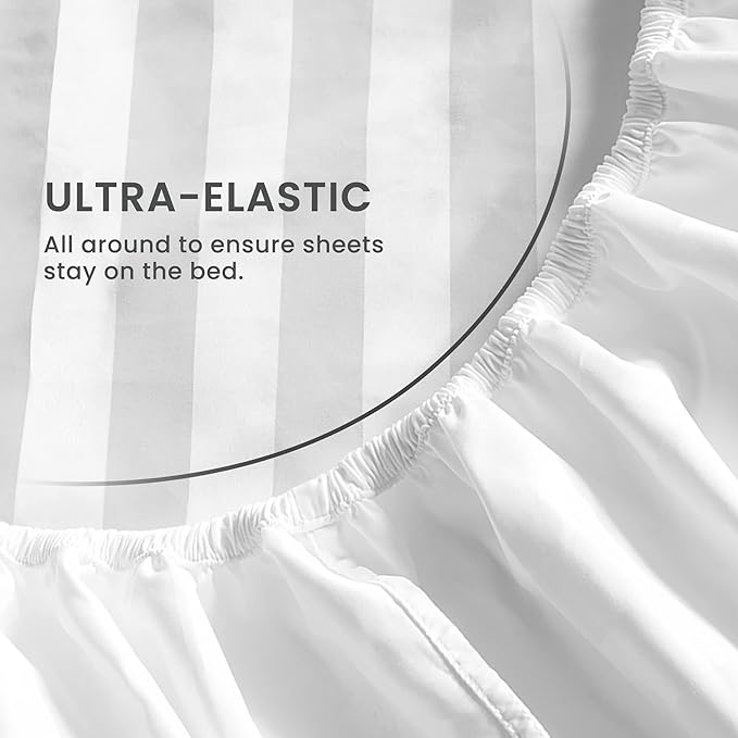 SLEEP ZONE Striped Cooling Sheets Set King Size - Fitted Flat Sheet & Pillowcase Sets 4 Piece - Super Soft Stripe Bed Sheet, Easy Care, Deep Pocket (White, King)