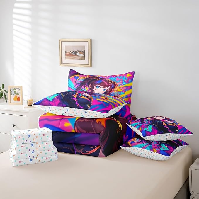 Erosebridal Anime Girl King Comforter Set 7 Piece, Japanese Anime Bedding Set for Kids Girls Teens Adult Bedroom, Cartoon Girl Bed in A Bag Kawaii Japanese Animation Sheet Set, Purple