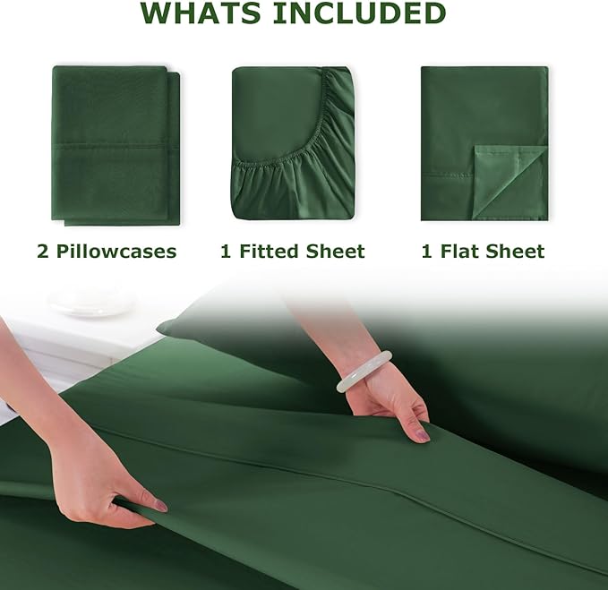 King Size Bed Sheet Set - 4 Piece Soft Microfiber Sheets with Deep Pockets, Cooling Technology, and Wrinkle-Free Pillowcase. Hotel-Quality, Durable Bedding, Eden Green