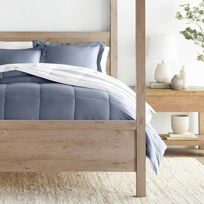 LINENS & HUTCH Comforter Set Patterned Microfiber All Season Down-Alternative Ultra Soft Bedding in Stitched Stripe - Full/Queen Stitched Stripe Stone