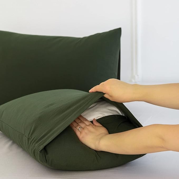 MooMee Bedding Pillowcases Pack of 2 100% Washed Cotton Linen Like Textured Breathable Durable Soft Comfy (Solid Olive Green, Queen)