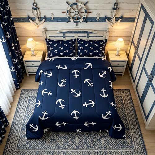 Manfei Anchor Comforter Set Twin Size, Nautical Theme Summer Ocean Anchor Bedding Set 2pcs for Kids Boys Teens Room Decor, Luxurious Navy Blue Down Comforter with 1 Pillowcase, No Sheets