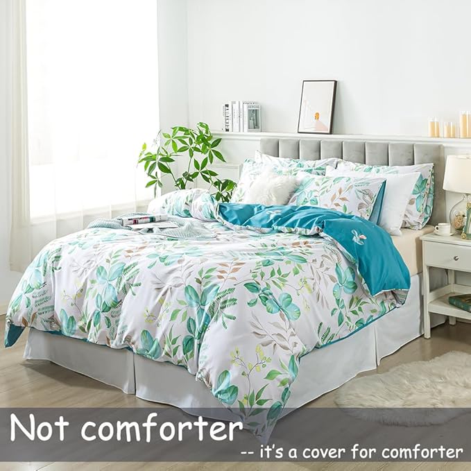 FADFAY Botanical Duvet Cover Set Twin XL 100% Cotton College Bedding Teal Green Leaves Print Comforter Cover Set Soft Breathable Dorm Room School Bedding Twin Extra Long with Zipper 3 Pieces