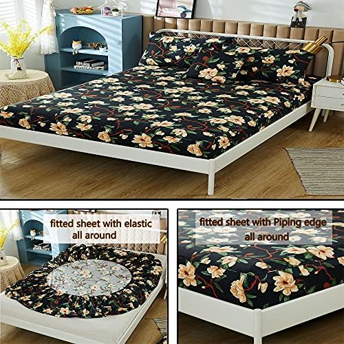 FADFAY Sheets Set King Shabby Black and Yellow Floral Bedding Elegant Peony Sheets Set Vintage Farmhouse Bedding Soft 100% Egyptian Cotton 800 Thread Count Deep Pocket Fitted Sheet, 4Pcs-King Size