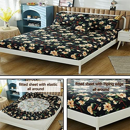FADFAY Sheets Set King Shabby Black and Yellow Floral Bedding Elegant Peony Sheets Set Vintage Farmhouse Bedding Soft 100% Egyptian Cotton 800 Thread Count Deep Pocket Fitted Sheet, 4Pcs-King Size