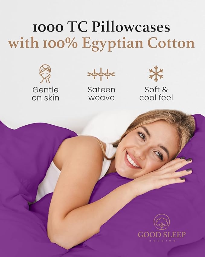 1000 TC Purple Standard Pillowcases Set of 4 100% Egyptian Cotton Pillow Cases with Long Staple Cotton & Sateen Weave, Silky Soft Hotel - Like Bed Pillow Covers for Comfy Sleeping, Snug Fit
