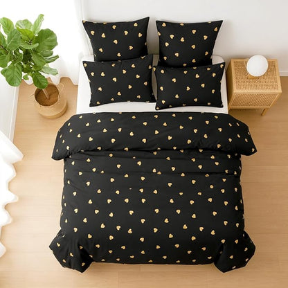 Heart Comforter Set Queen 3 Pieces Black Gold Love Heart Bedding Set for Girls Boys Modern Aesthetic Comforter with 2 Pillowcases, Lightweight Soft 100% Microfiber
