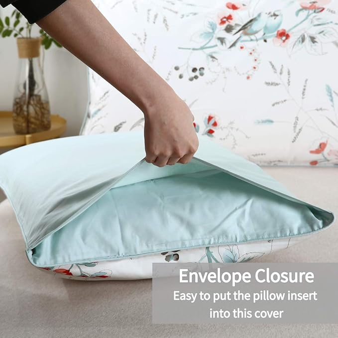 WINLIFE 100% Cotton Pillowcases King Set of 2, Floral Birds Printed on White King Pillow Cases 2, Soft and Envelope Pillow Case (King Size, 20x36 inches)