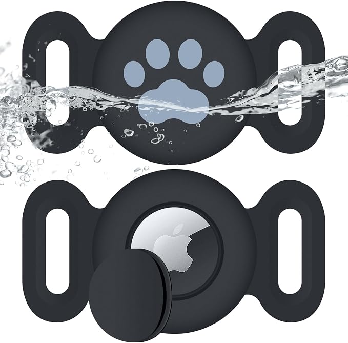Waterproof Collar Holder Compatible with Airtag (2 Pack), Protective Anti-Lost Case for GPS Tracker, Silicone Collar Holder for Pets (Black/Black)