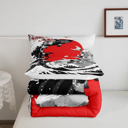 Mount Fuji Quilt Japanese Style Koi Fish Duvet Insert Ukiyo-E Theme Comforter Set Mountain Cherry Blossom Red Sun Ink Painting Down Comforter 3 Pieces with 2 Pillow Cases, King Size Black White