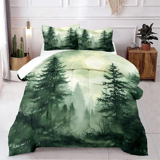 Olive Green Botanical Comforter Set King Size Green Woodland Forest Tree Comforters Ombre Nature Landscape Bedding Set Army Green Pine Trees Bedding Ultra Soft Microfiber