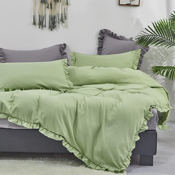 CLOTHKNOW Green Ruffle Queen Comforter Set Farmhouse Bedding Comforter Sets Sage Green Shabby Chic Comforter with 2 x Pillowcases