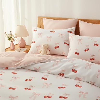 Nayoroom Pink Bow Duvet Cover Queen Size Reversible Red Cherry Duvet Cover 3 Pieces Soft Lightweight Microfiber Kids Girls Cute Aesthetic Dorm Bedding Set