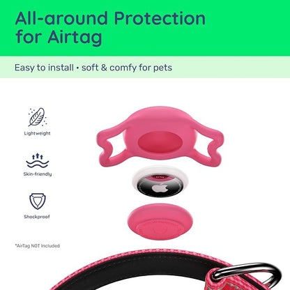 Airtag Dog Collar, Reflective Ultra-Durable Nylon Padded with QR Code Buckle & IP68 Waterproof Air Tag Holder Compatible for Apple AirTag, Comfortable for Small Medium Large Dogs(Hot Pink,S)