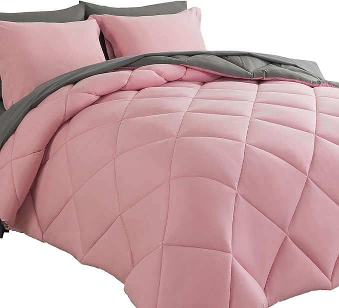 Cosybay Bed in a Bag King Comforter Sets 7pcs All Season Solid Down Alternative Bedding Sets Pink and Grey with Comforter, Pillow Shams, Flat Sheet, Fitted Sheet and Pillowcases