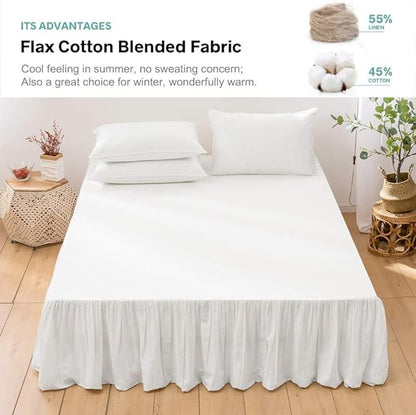 BISELINA French Linen Bed Skirt with Pleated Frills 14-Inch Tailored Drop Natural Flax Cotton Blend Dust Ruffle Soft Cozy Farmhouse Bedding (14" Queen, White)
