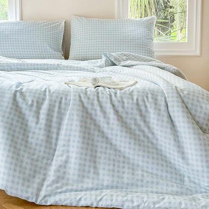 NSNLGSGC Light Blue Gingham Cotton Comforter Set Twin, 100% Washed Cotton Blue Plaid Checked Comforter Bedding, 2 Pieces Vintage Farmhouse Grid Bedding Set(Light Blue Gingham, Twin)