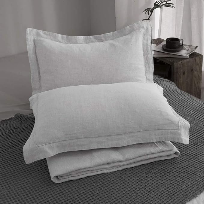 Simple&Opulence 100% Linen Duvet Cover Set with Embroidery Border Washed - 2 Pieces (1 Duvet Cover & 1 Pillow Sham) with Button Closure Soft Breathable Farmhouse - Light Grey, Twin Size
