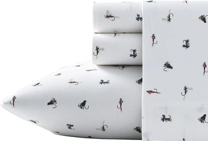 Eddie Bauer - Full Sheets, Cotton Percale Bedding Set, Crisp & Cool Luxurious Bedding Set, Dorm Room Essentials (Fishing Flies White, Full)