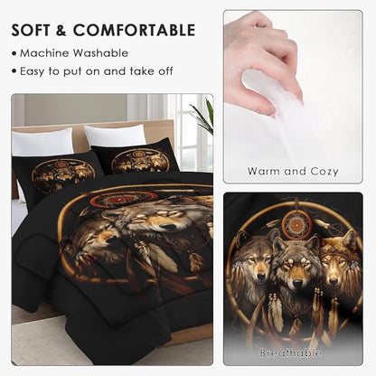 Twin Size Comforter Set with Pillowcase, Black Tribal Three Wolf 2 Pcs Bedding for Kids and Adults, American Boho Feather Dreamcatcher Soft Comforter Set for Bedroom Bed Decor