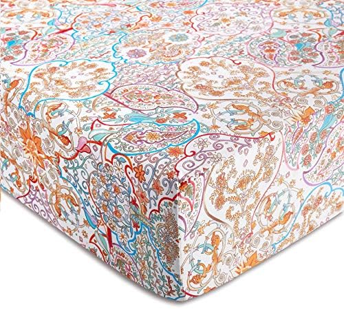 Wake In Cloud - Boho Bed Sheets, 100% Cotton, 4-Piece Sheet Set, Bohemian Hippie Chic Paisley Patterned Aesthetic Bedding, Deep Pocket, Turquoise Orange, King Size