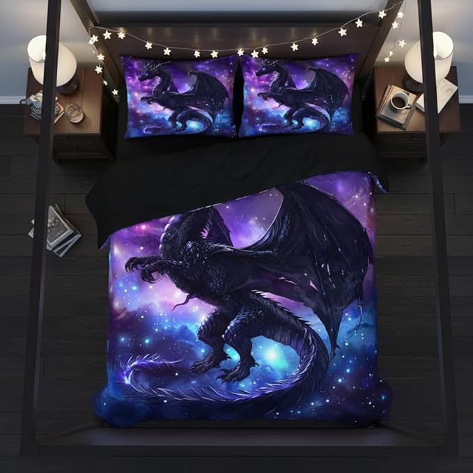 Fantasy Dragon Bedding Set Purple Blue Nebula Comforter Set Full Size Mysterious Outer Space Bedding Set for Kids Boys Girls Teens Room Decor Safari Wildlife Animals Quilt Set