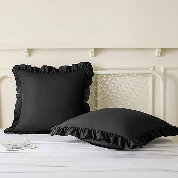 KKJIAF Ruffle Pillow Cases 26x26 Inches, Black Square Ruffled Pillow Covers Set of 2, Microfiber Wrinkle Resistant Pillow Shams with Envelope Closure for Sofa Bed Living Room