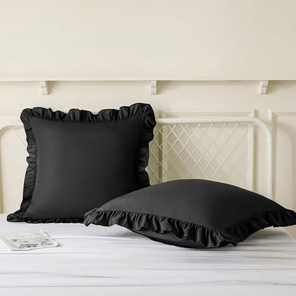 KKJIAF Ruffle Pillow Cases 26x26 Inches, Black Square Ruffled Pillow Covers Set of 2, Microfiber Wrinkle Resistant Pillow Shams with Envelope Closure for Sofa Bed Living Room