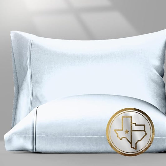 Texas Linen Co. 100% Egyptian Cotton Pillow Cases Standard/Queen Size Set of 2 - Luxury 1500 Thread Count Sateen Light Blue Pillow Cases, Soft Cooling Pillowcases Fits Standard & Queen Size Pillows