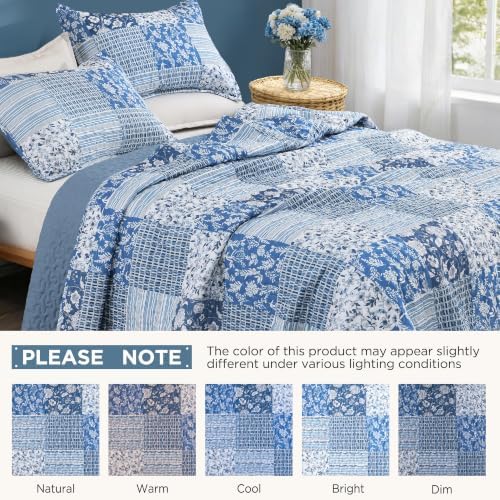 Litanika Floral Blue Quilt Queen - 3Pcs Botanical Birds Bedding Set