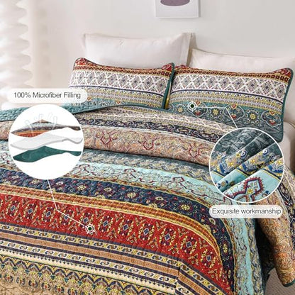 WONGS BEDDING Boho Queen Quilt Bedding Set, 3 Pieces Bedspread,Brown Green