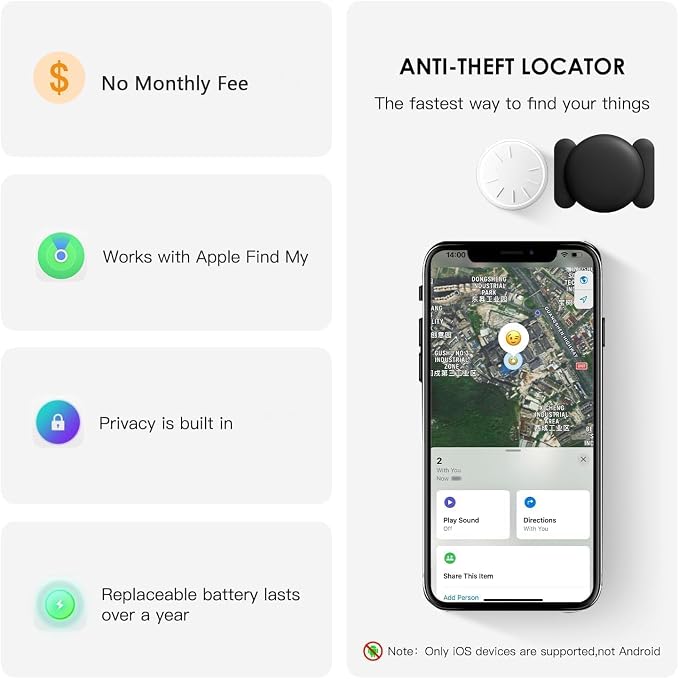 GPS Tracker for Vehicles No Subscription,Real Time GPS Tracker for Car Work with Apple Find My(iOS Only),Mini Hidden Car Tracker Device with Magnetic Case,No Monthly Fee-Black,1PCS