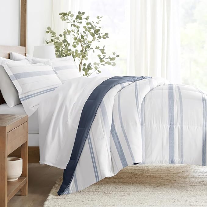 LINENS & HUTCH Comforter Set Patterned Microfiber All Season Down-Alternative Ultra Soft Bedding in Stitched Stripe - King/Cal-King Stitched Stripe Stone