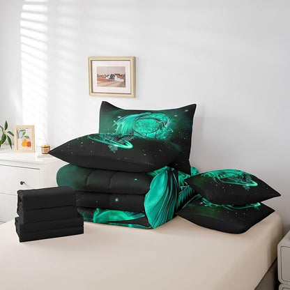 Erosebridal Gothic Dragon Dream Catchers Bed in a Bag King Size Comforter Set 7 Pieces,Teal Galaxy Bohemian Feather Bedding Sets Antique Animal Pterosaur Sheet Set with Comforter