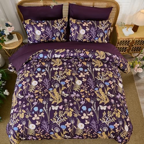 Purple Floral Comforter Set Queen Size, 7 Piece Botanical Comforter Bedding