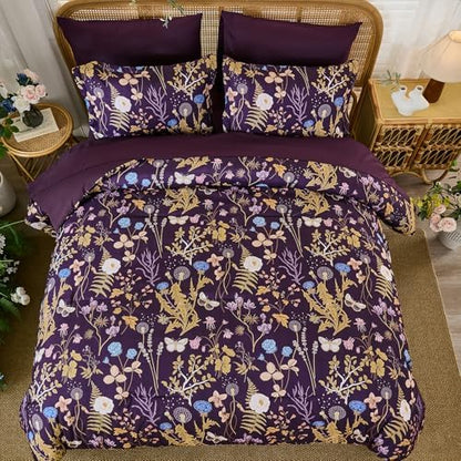 Purple Floral Comforter Set Queen Size, 7 Piece Botanical Comforter Bedding