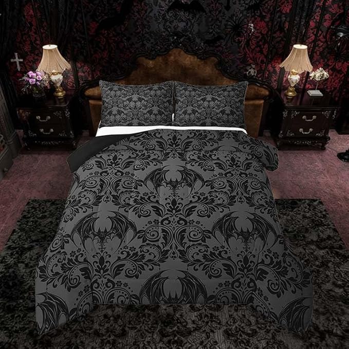 Feelyou Adults Gothic Comforter Set Full Size Dark Olive Green Damask Comforter Bat Bohemia Boho Bedding Set Goth Duvet Set Vintage Victorian Baroque Floral Quilt Set 3Pcs