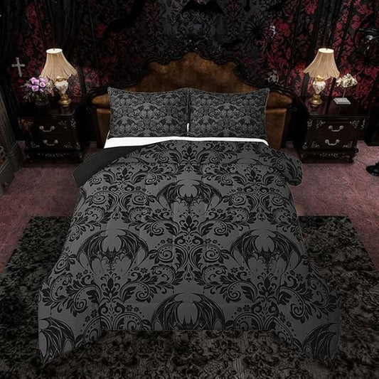 Feelyou Adults Gothic Comforter Set Full Size Dark Olive Green Damask Comforter Bat Bohemia Boho Bedding Set Goth Duvet Set Vintage Victorian Baroque Floral Quilt Set 3Pcs